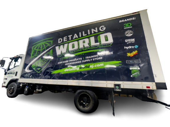 Image of a box truck with text overlay advertising Detailing world