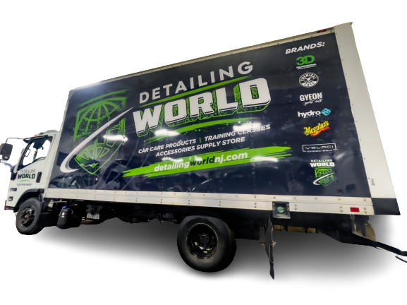 Image of a box truck with text overlay advertising Detailing world