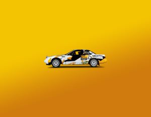 White And Yellow Race Car On A Yellow Background.