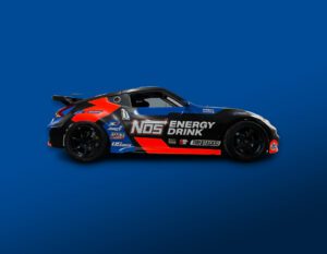 Nissan Z Racing Car With Nos Brink Energy Sponsor Decals On The Sides And Hood.
